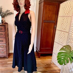 Retro, 1940s, pin up, Polka Dot Sleeveless Dress with Red Collar